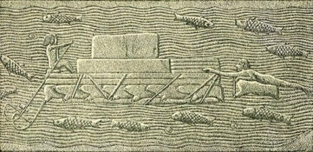 Asyrský kelek na reliefu v Ninive. Obrázek z knihy „Dějiny Egypta, Chaldeje, Sýrie, Babylonie a Asýrie“ od Gastona Maspero z roku 1900.